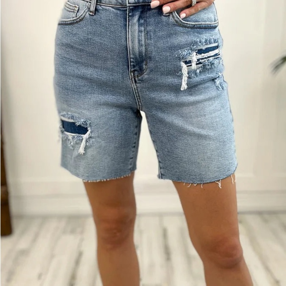 Judy Blue High Waisted Mid-Length Denim Patch Shorts